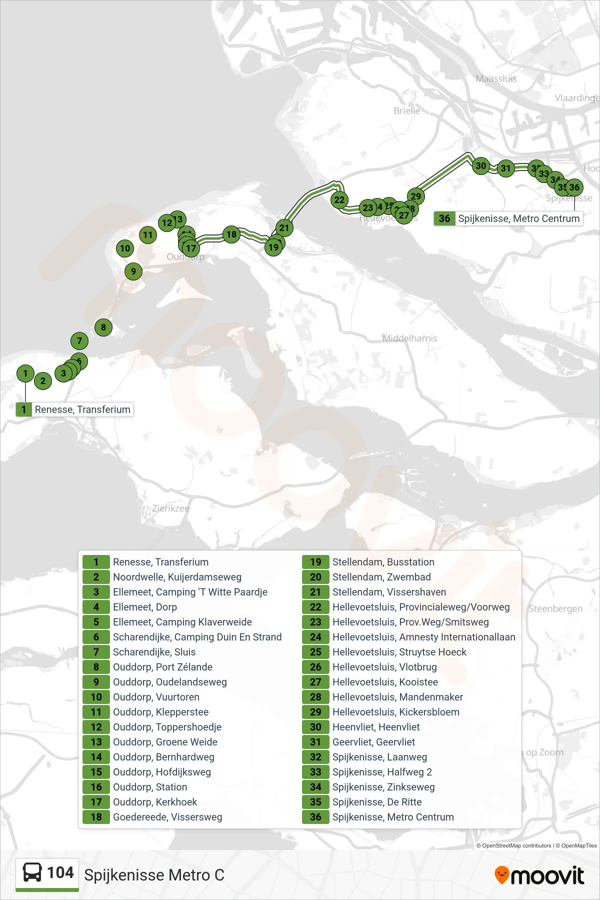Lijn 104 (bus, Spijkenisse Metro C): route en haltes op de kaart