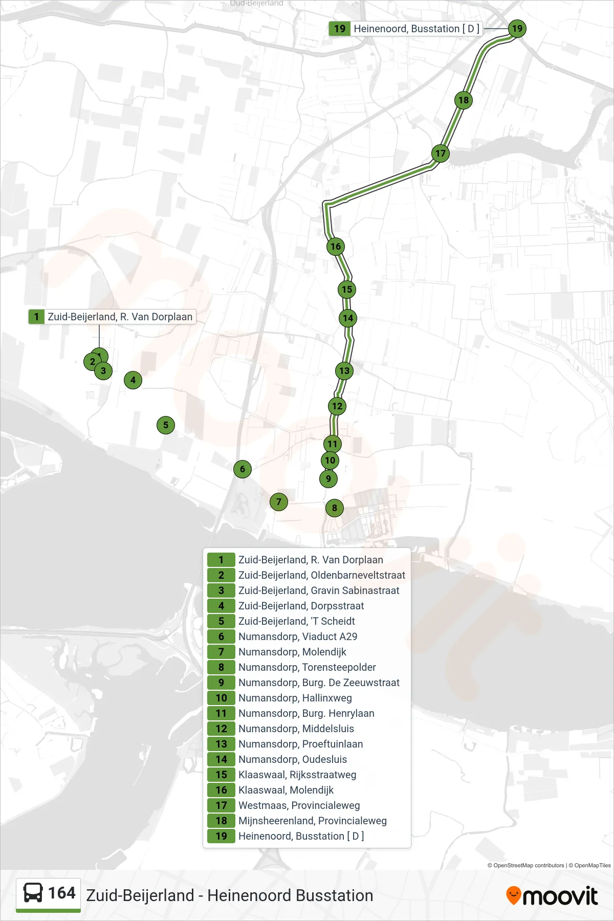 Lijn 164 (bus, Heinenoord Busstation): route en haltes op de kaart