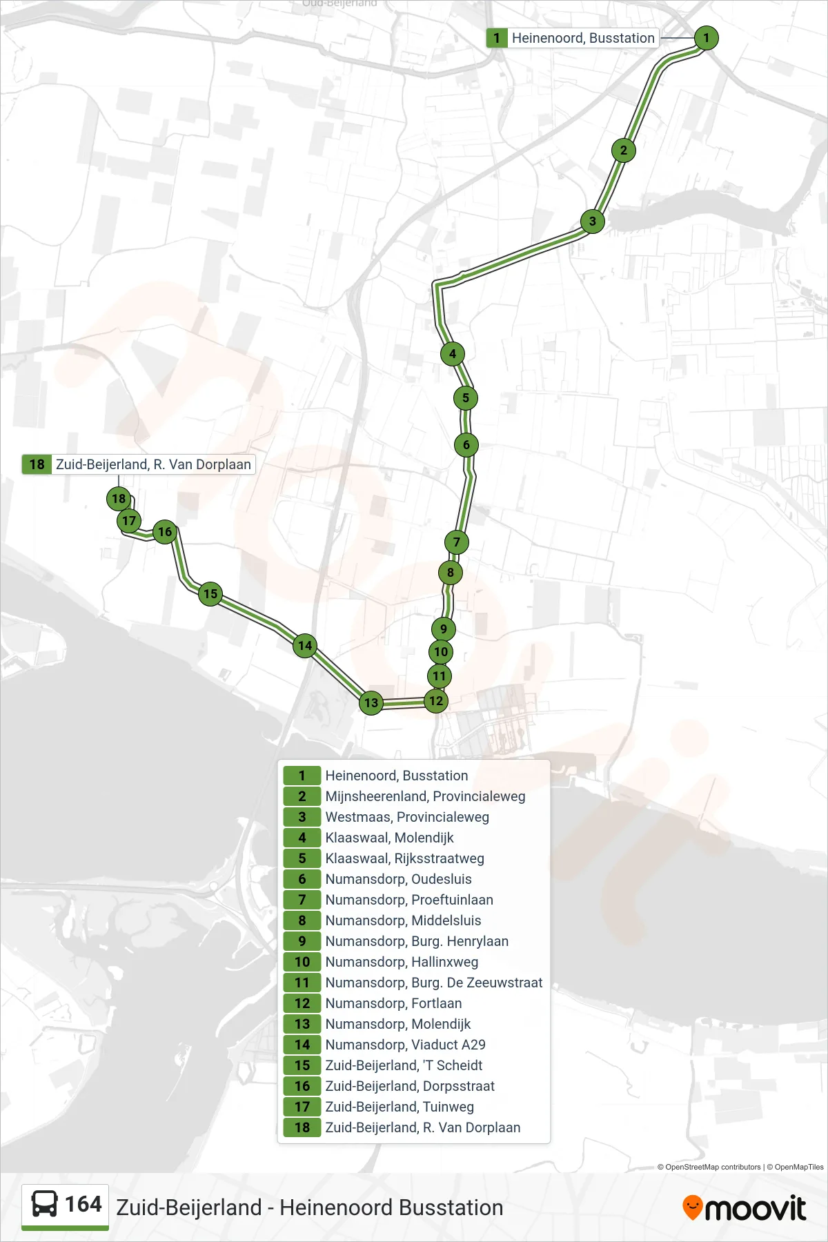 Lijn 164 (bus, Zuid-Beijerland R. Van Dorplaan): route en haltes op de kaart