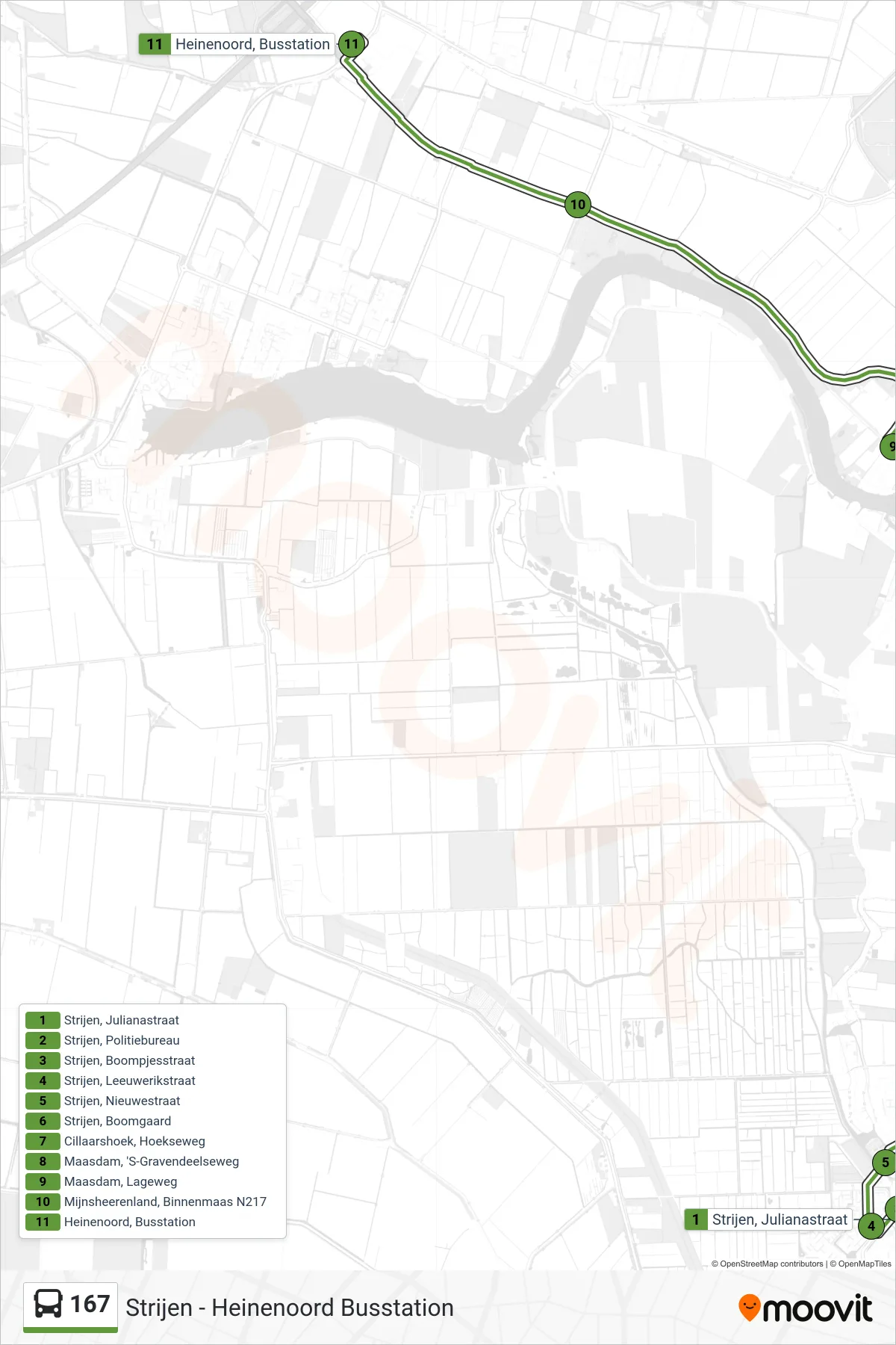Lijn 167 (bus, Heinenoord Busstation): route en haltes op de kaart