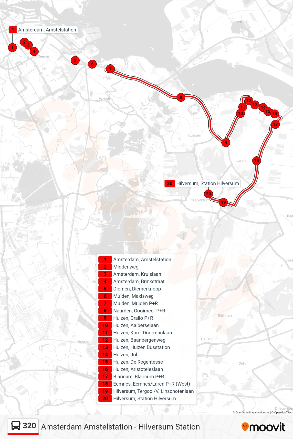 Lijn 320 (bus, Hilversum Station): route en haltes op de kaart