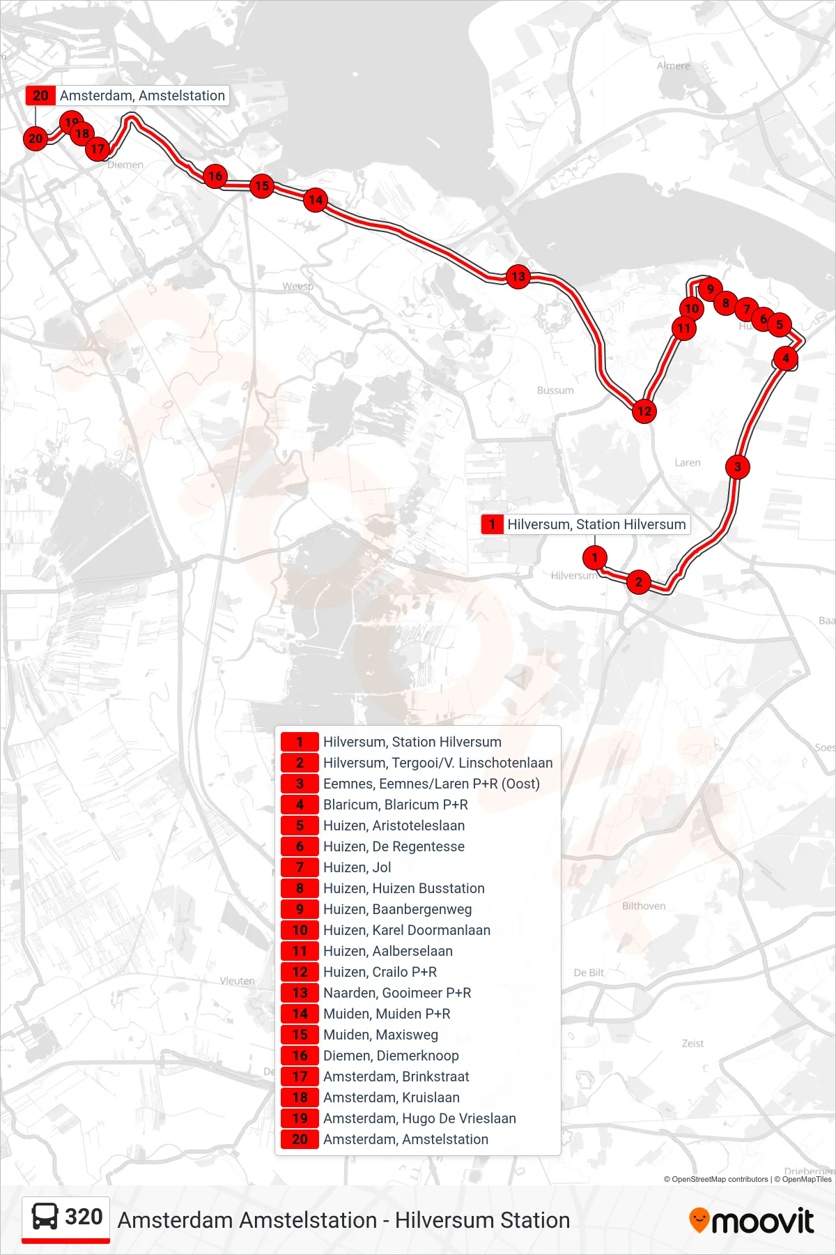Lijn 320 (bus, Amsterdam Amstel): route en haltes op de kaart