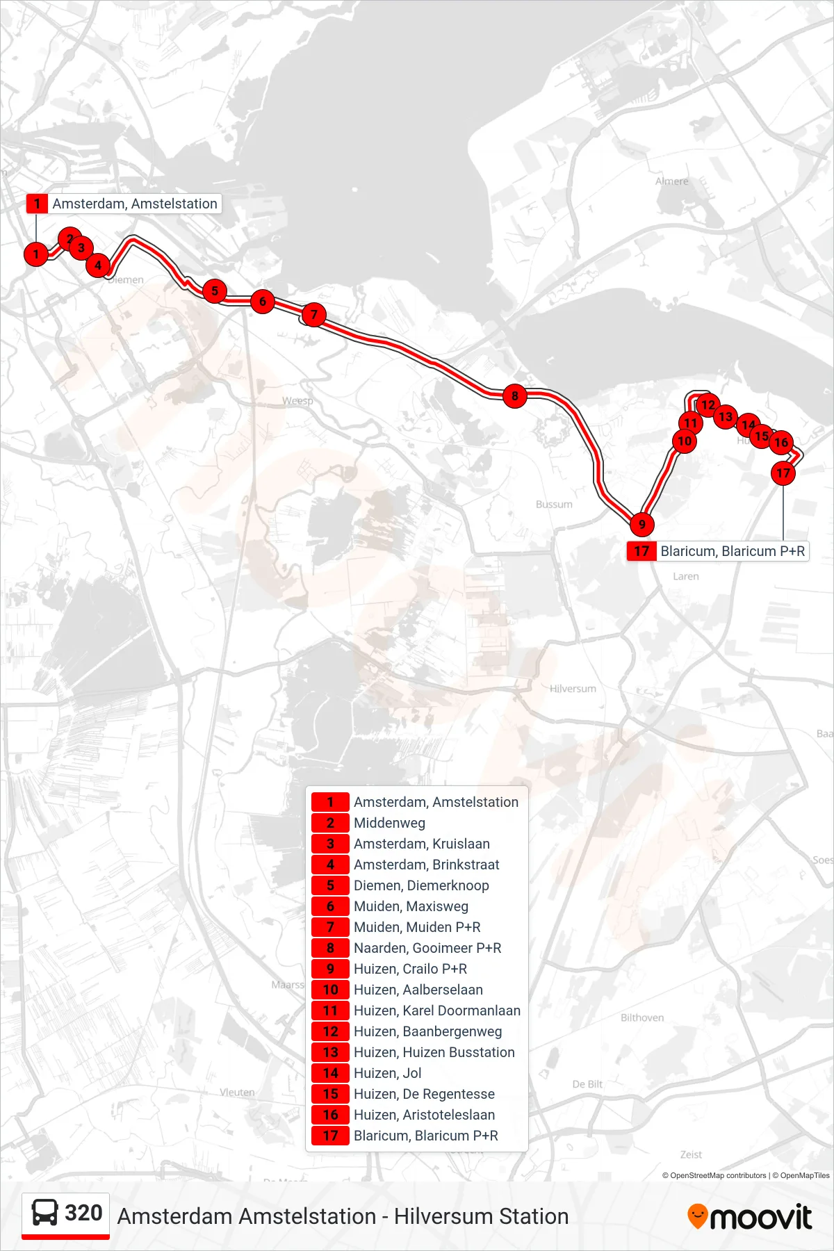 Lijn 320 (bus, Blaricum P+R): route en haltes op de kaart