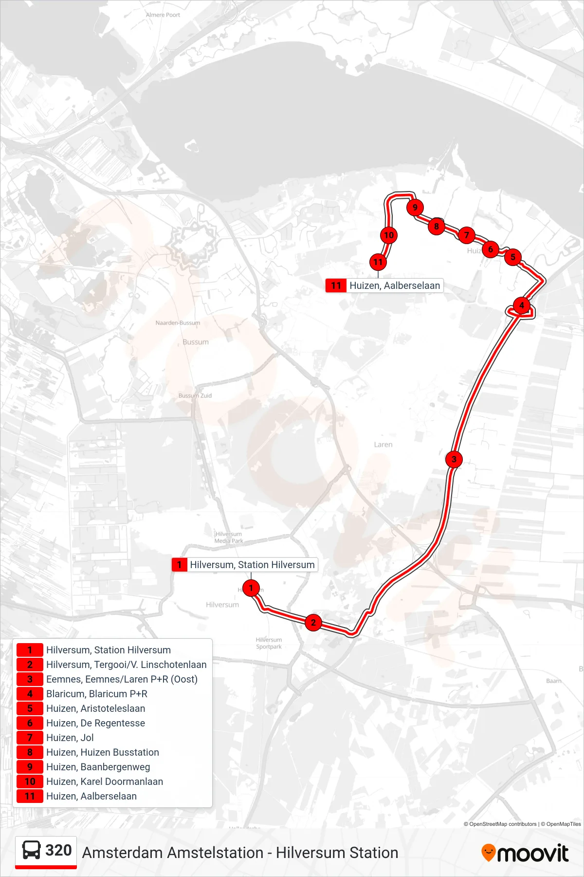 Lijn 320 (bus, Huizen Aalberselaan): route en haltes op de kaart