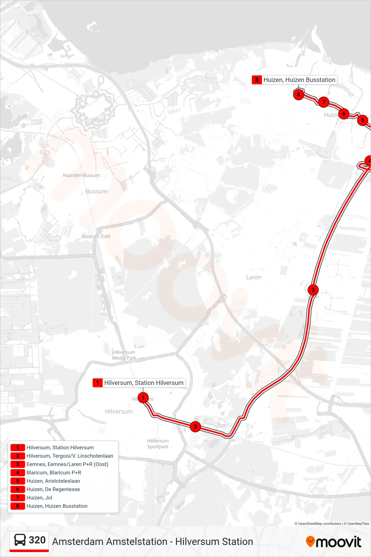 Lijn 320 (bus, Huizen Busstation): route en haltes op de kaart