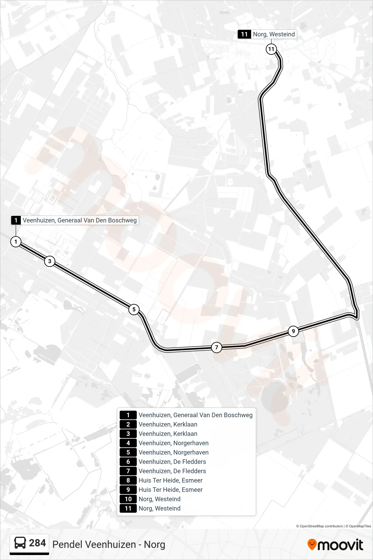 284 bus Line (Norg) route and stops on a map