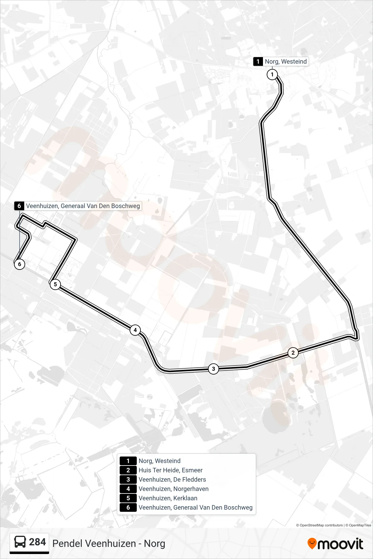 Lijn 284 (bus, Veenhuizen): route en haltes op de kaart