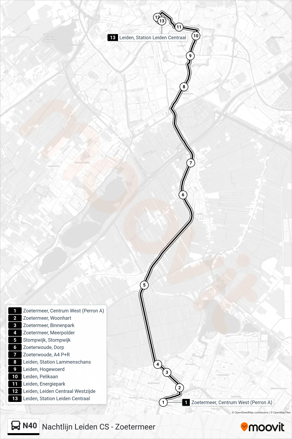 Lijn N40 (bus, Leiden Cs): route en haltes op de kaart