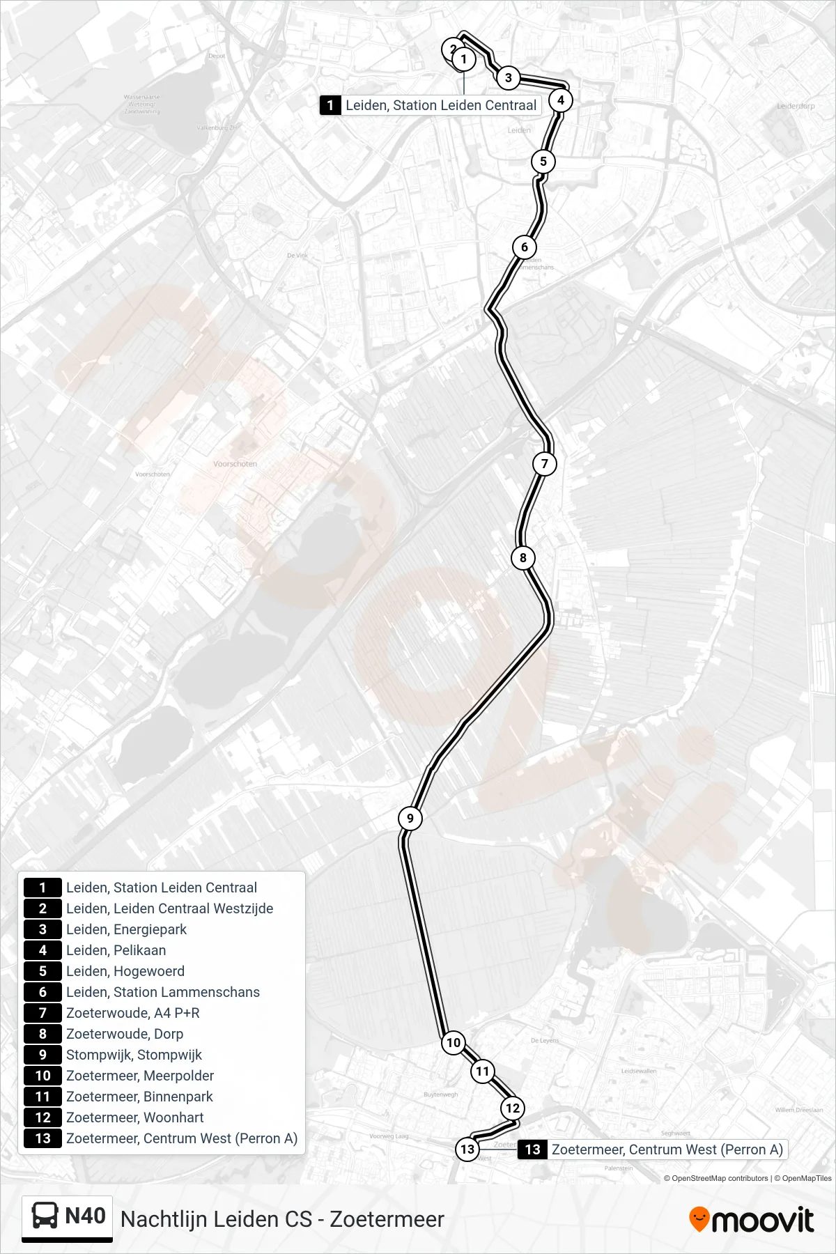 N40 bus Line (Zoetermeer) route and stops on a map