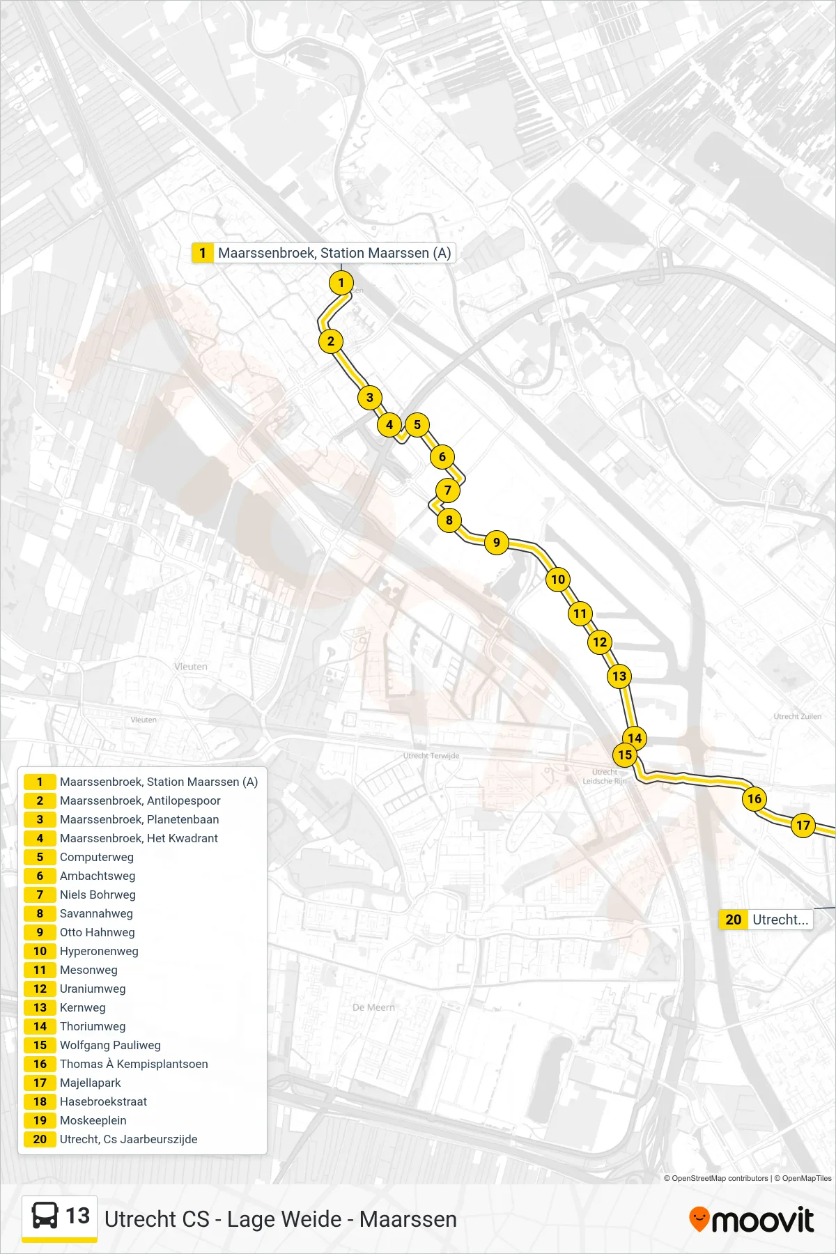 13 bus Line (Utrecht Cs) route and stops on a map