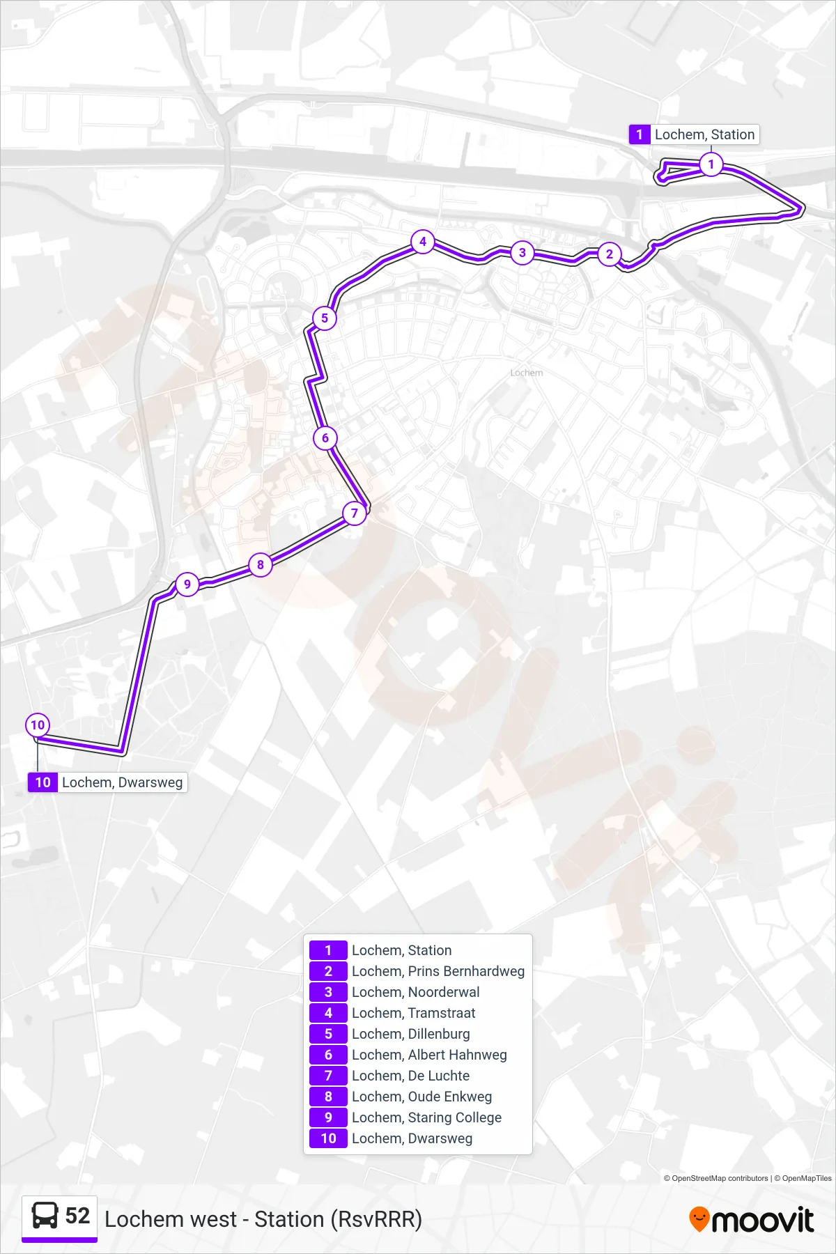 52 bus Line (Lochem) route and stops on a map