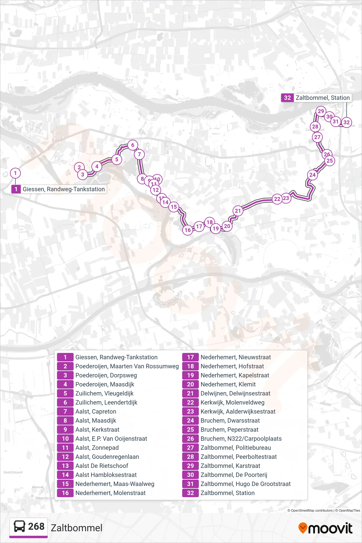 Lijn 268 (bus, Zaltbommel): route en haltes op de kaart