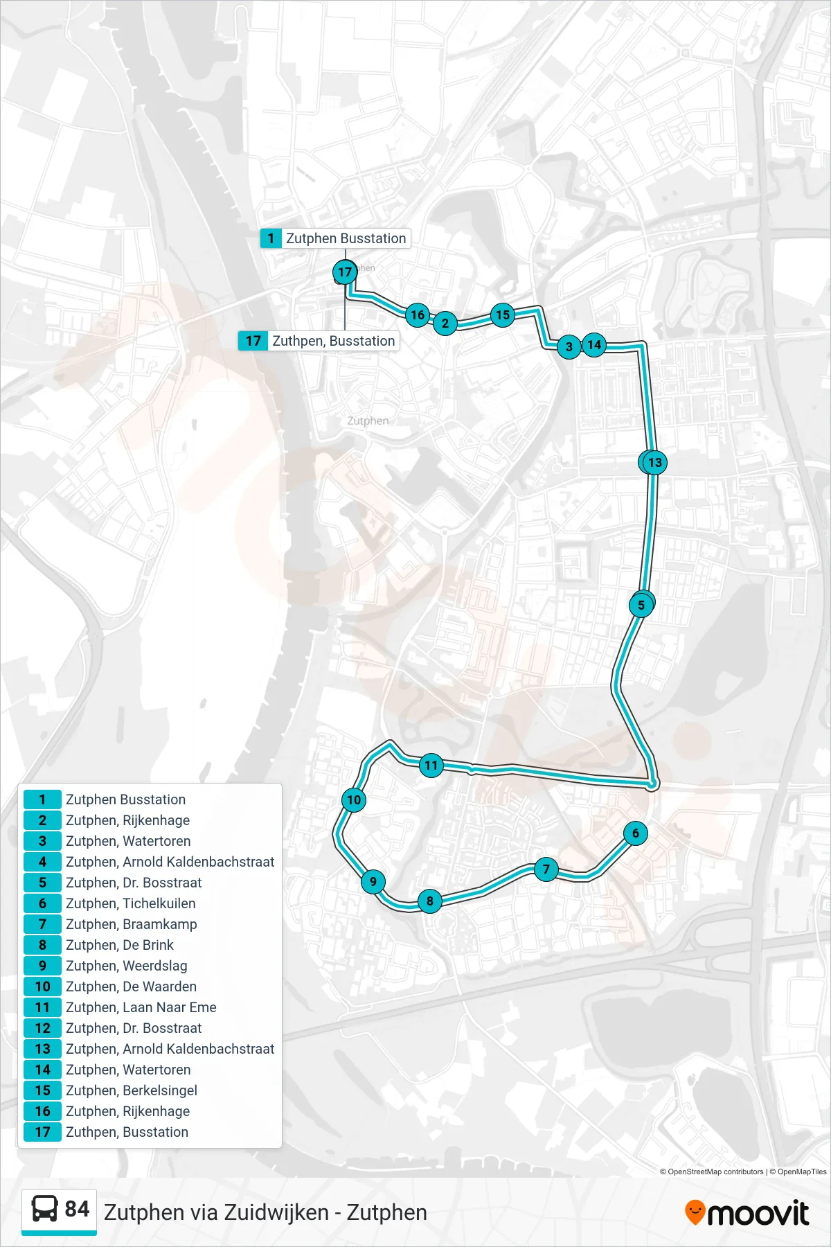 Lijn 84 (bus, Zutphen): route en haltes op de kaart