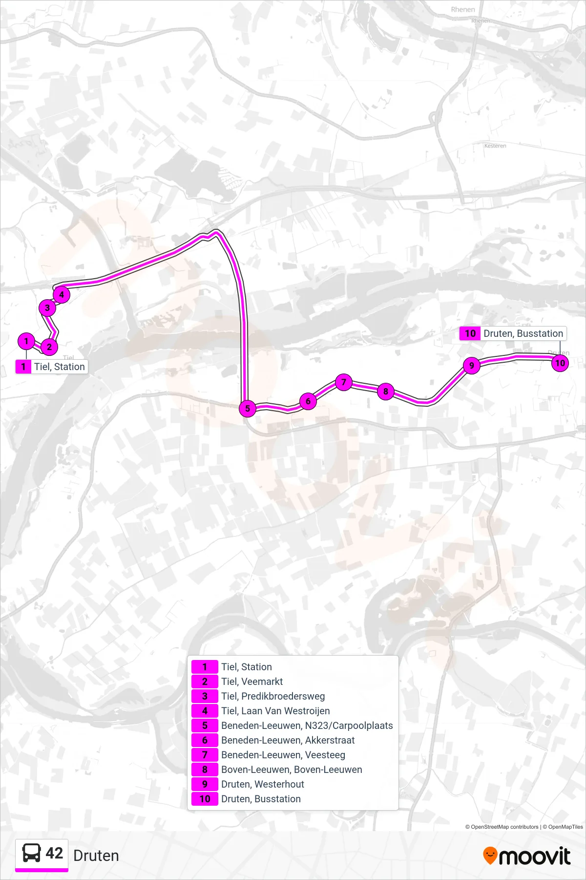 42 bus Line (Druten) route and stops on a map