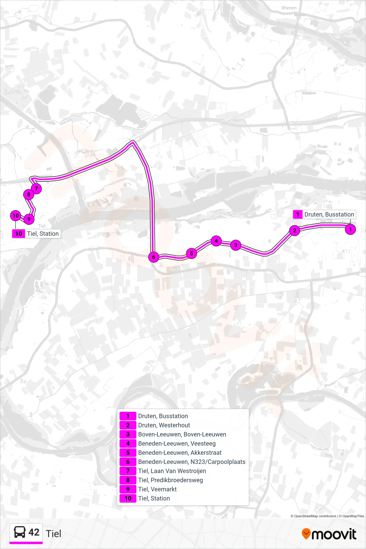 Lijn 42 (bus, Tiel): route en haltes op de kaart
