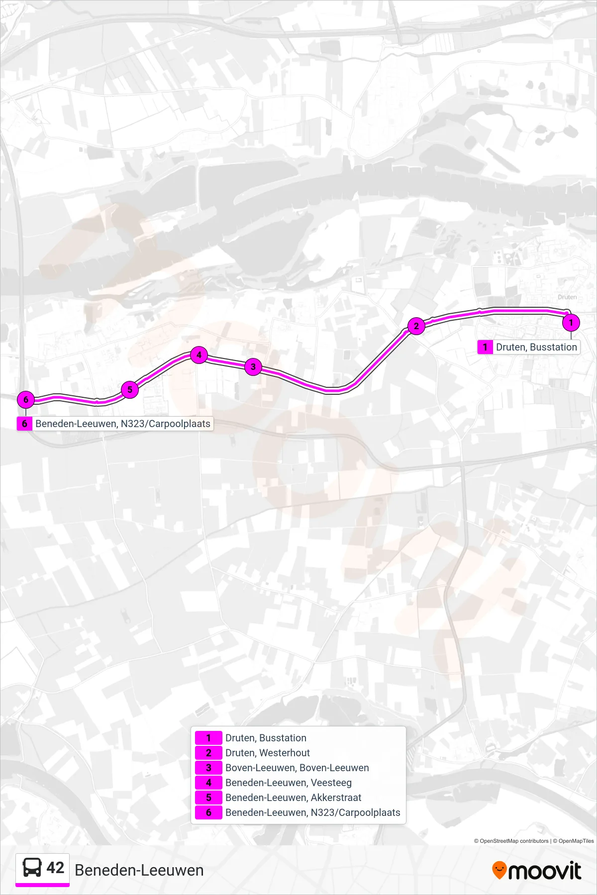 42 bus Line (Beneden-Leeuwen) route and stops on a map
