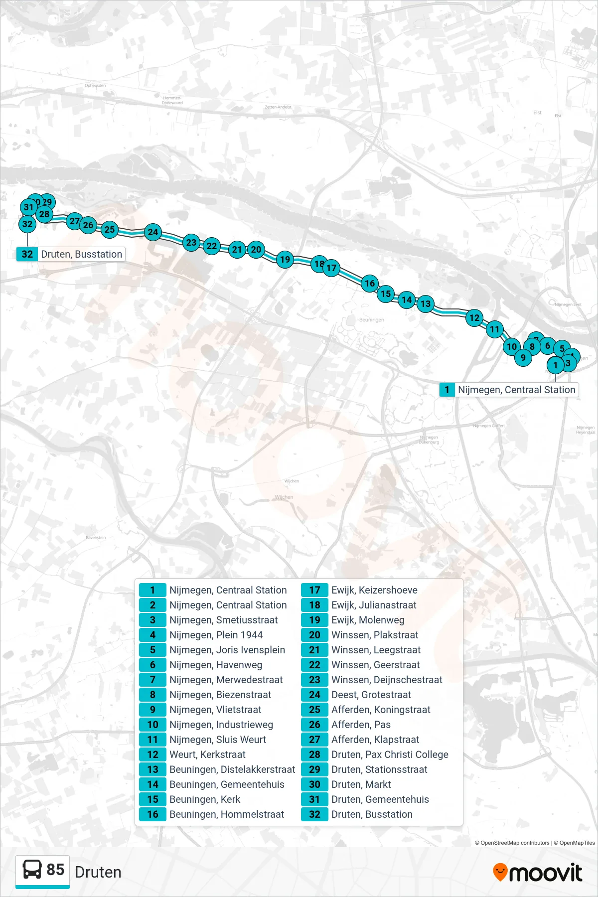 Lijn 85 (bus, Druten): route en haltes op de kaart