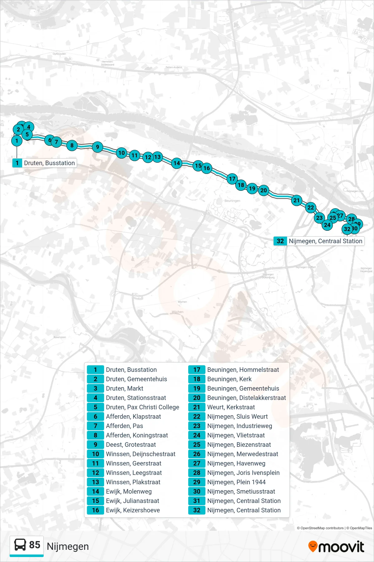 85 bus Line (Nijmegen) route and stops on a map