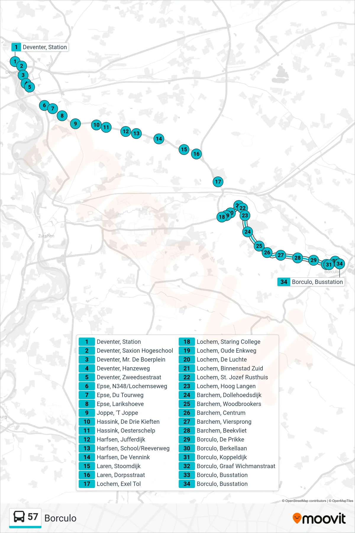57 bus Line (Borculo) route and stops on a map