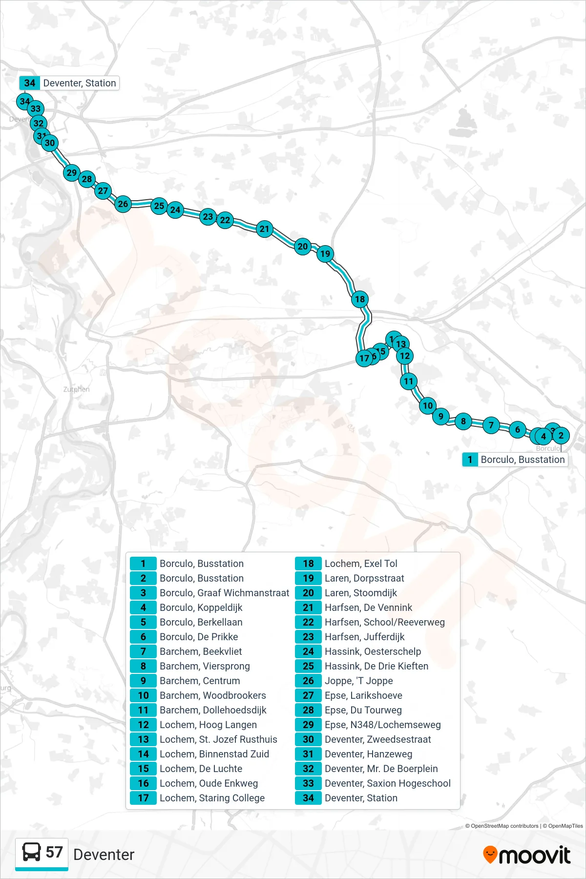 57 bus Line (Deventer) route and stops on a map