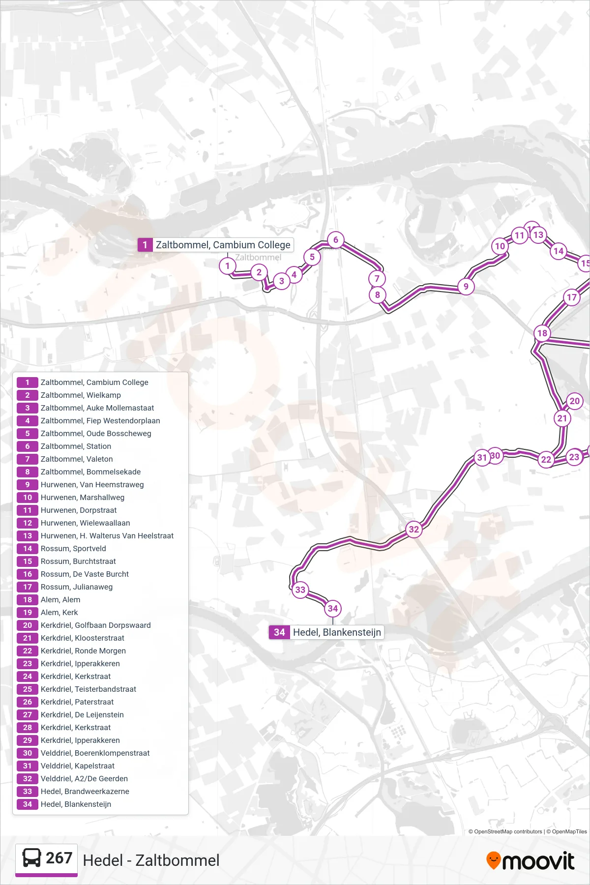 267 bus Line (Hedel) route and stops on a map