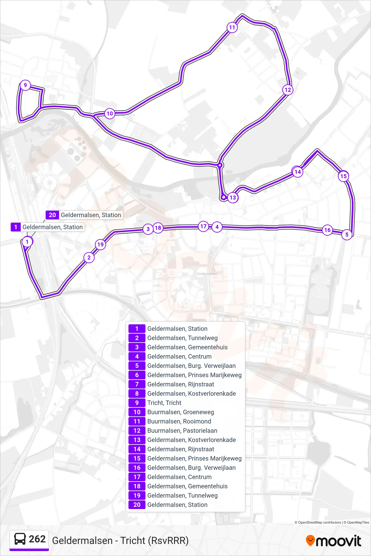 Lijn 262 (bus, Geldermalsen): route en haltes op de kaart