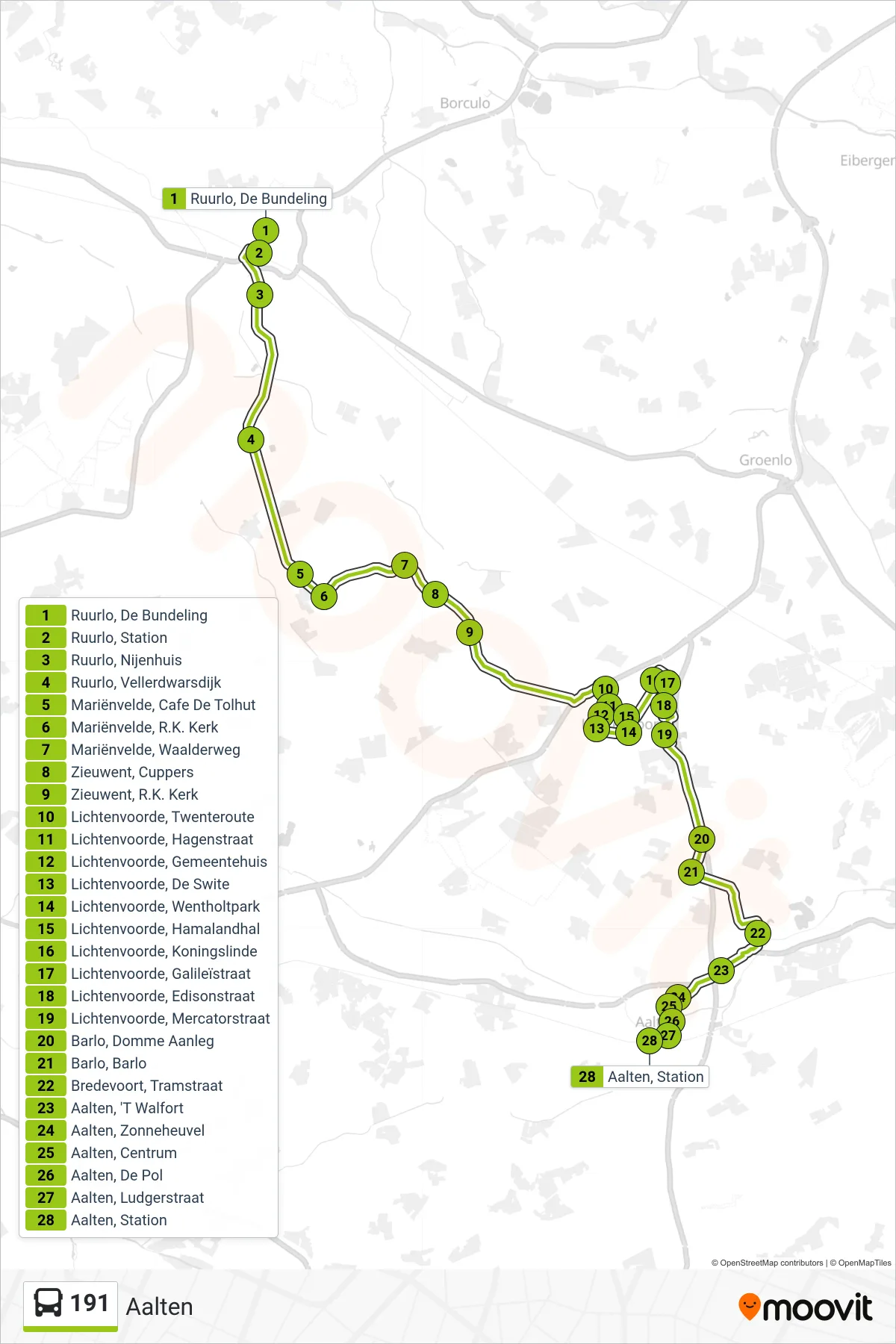 191 bus Line (Aalten) route and stops on a map