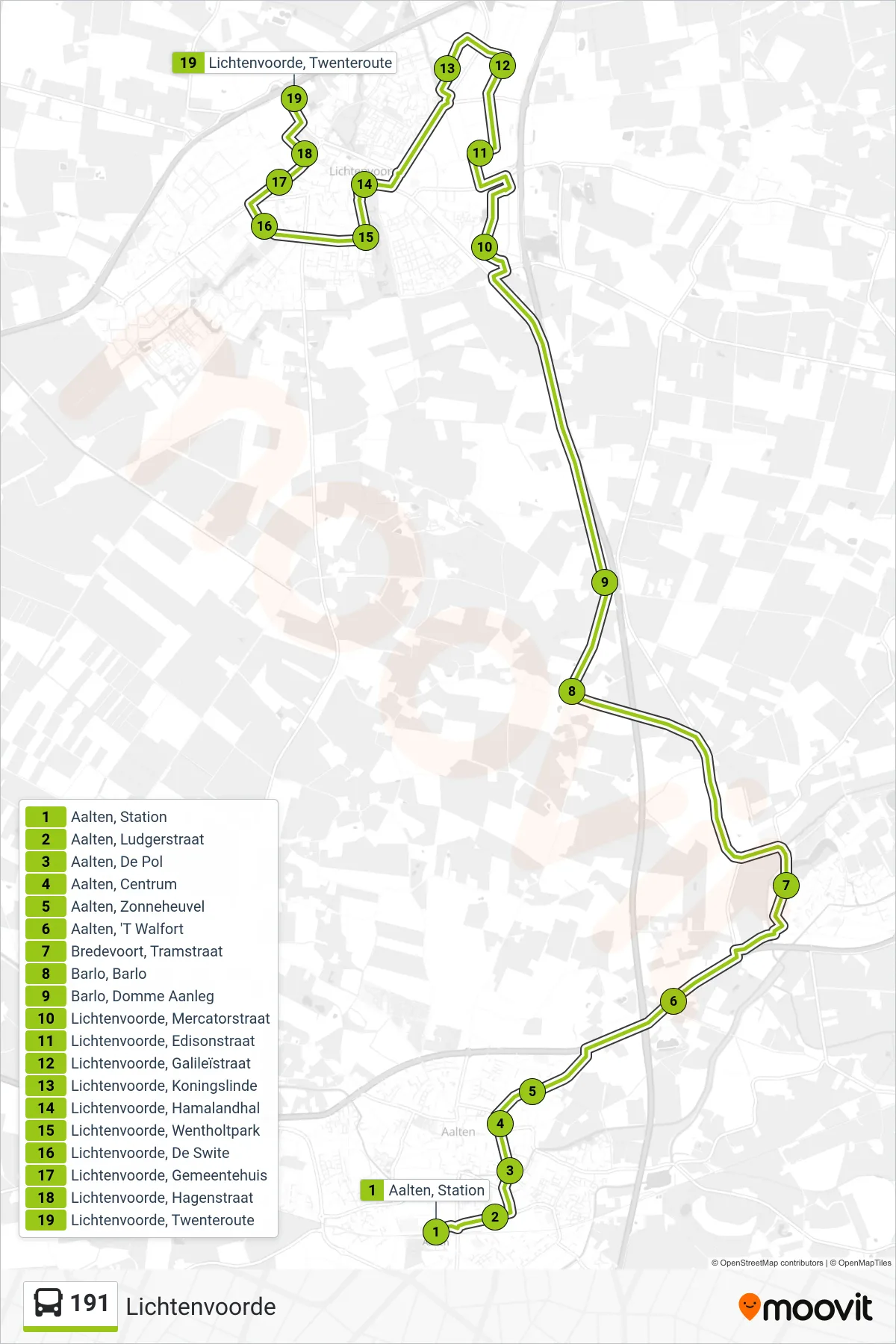 191 bus Line (Lichtenvoorde) route and stops on a map