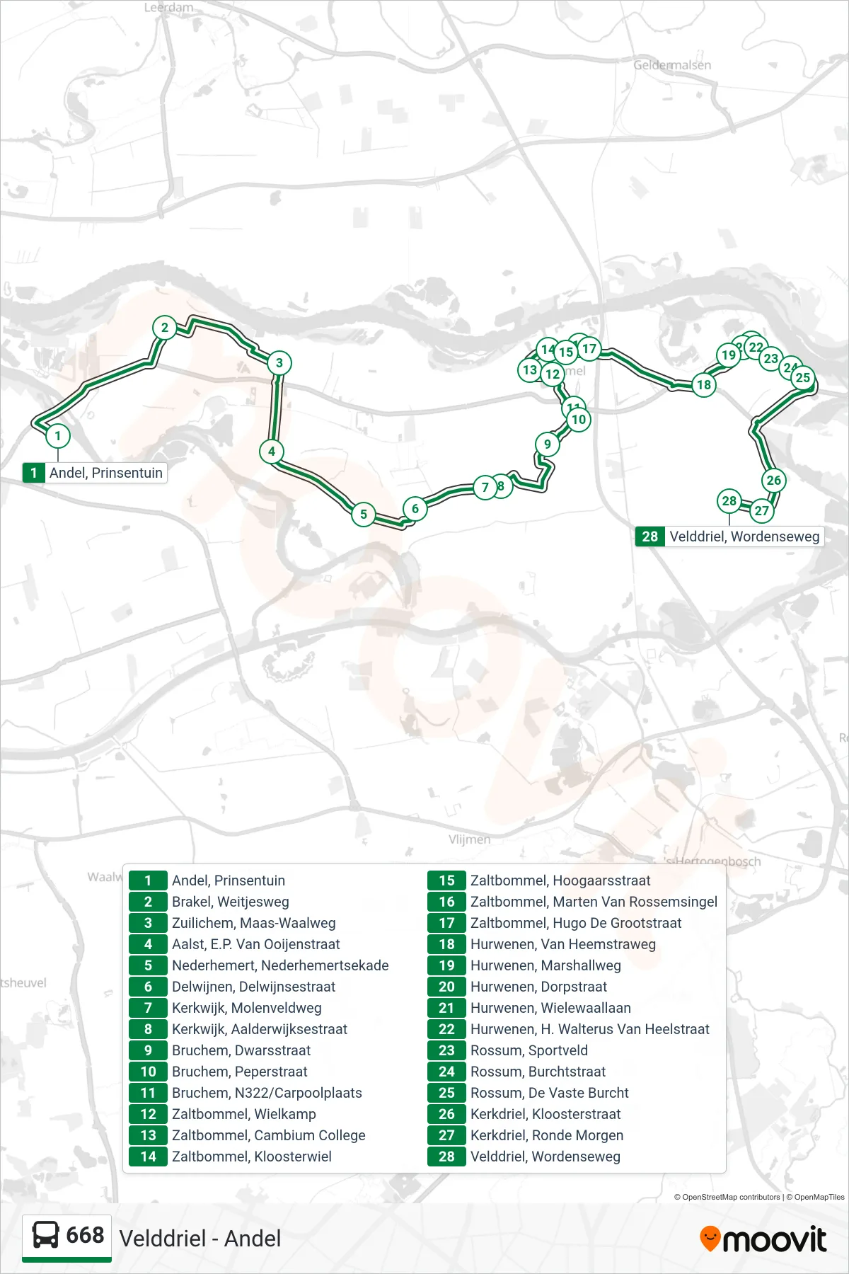 Lijn 668 (bus, Velddriel): route en haltes op de kaart