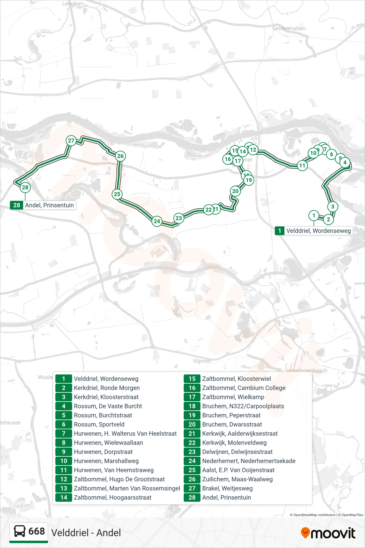 Lijn 668 (bus, Andel): route en haltes op de kaart