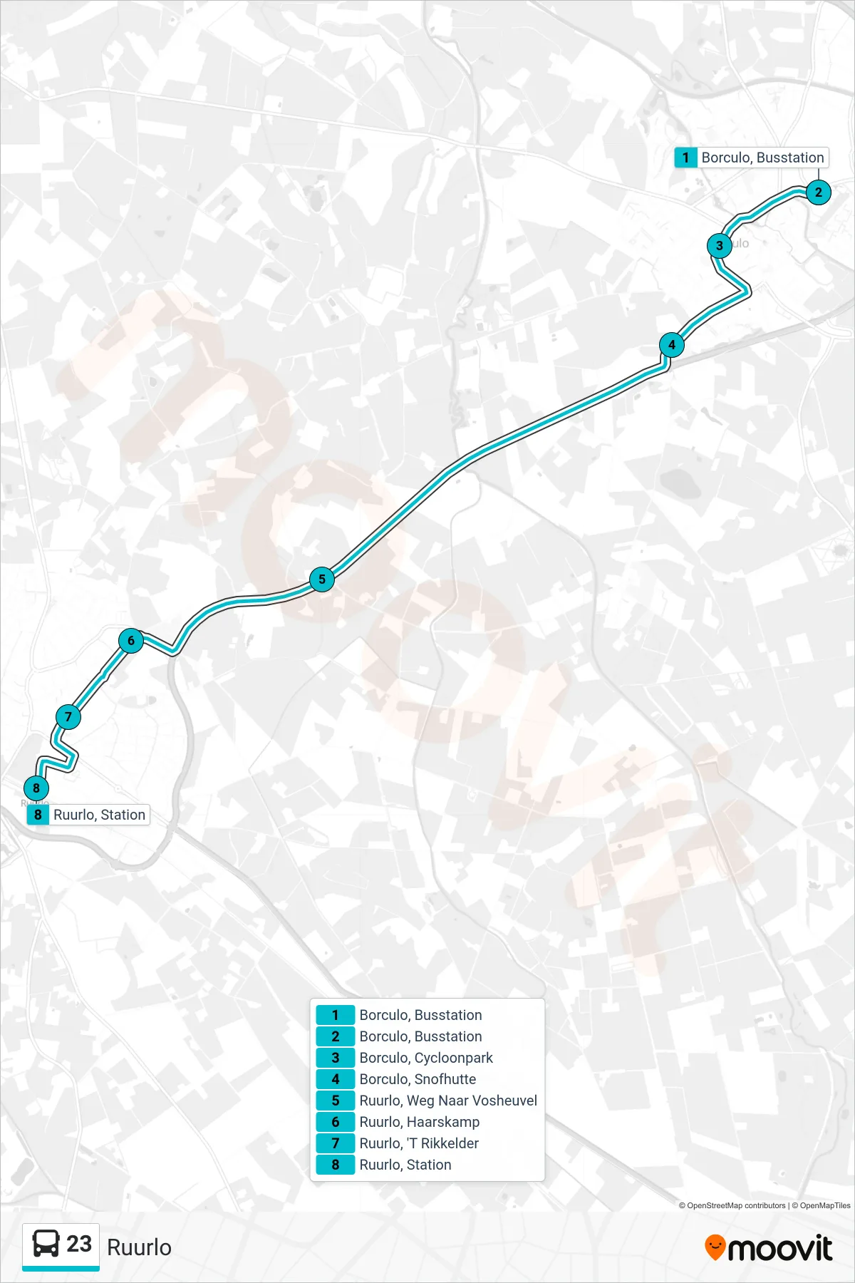 23 bus Line (Ruurlo) route and stops on a map