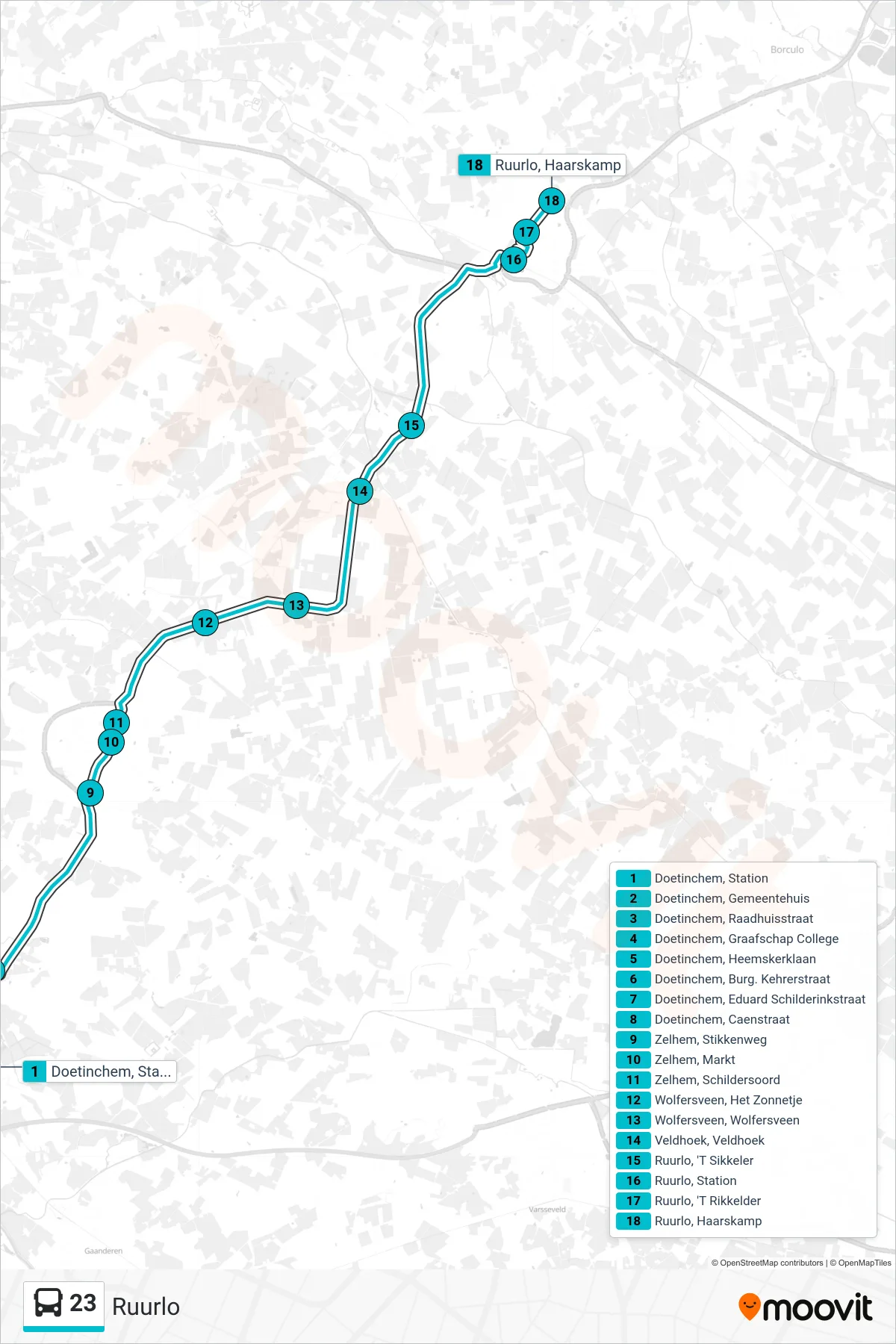 23 bus Line (Ruurlo) route and stops on a map
