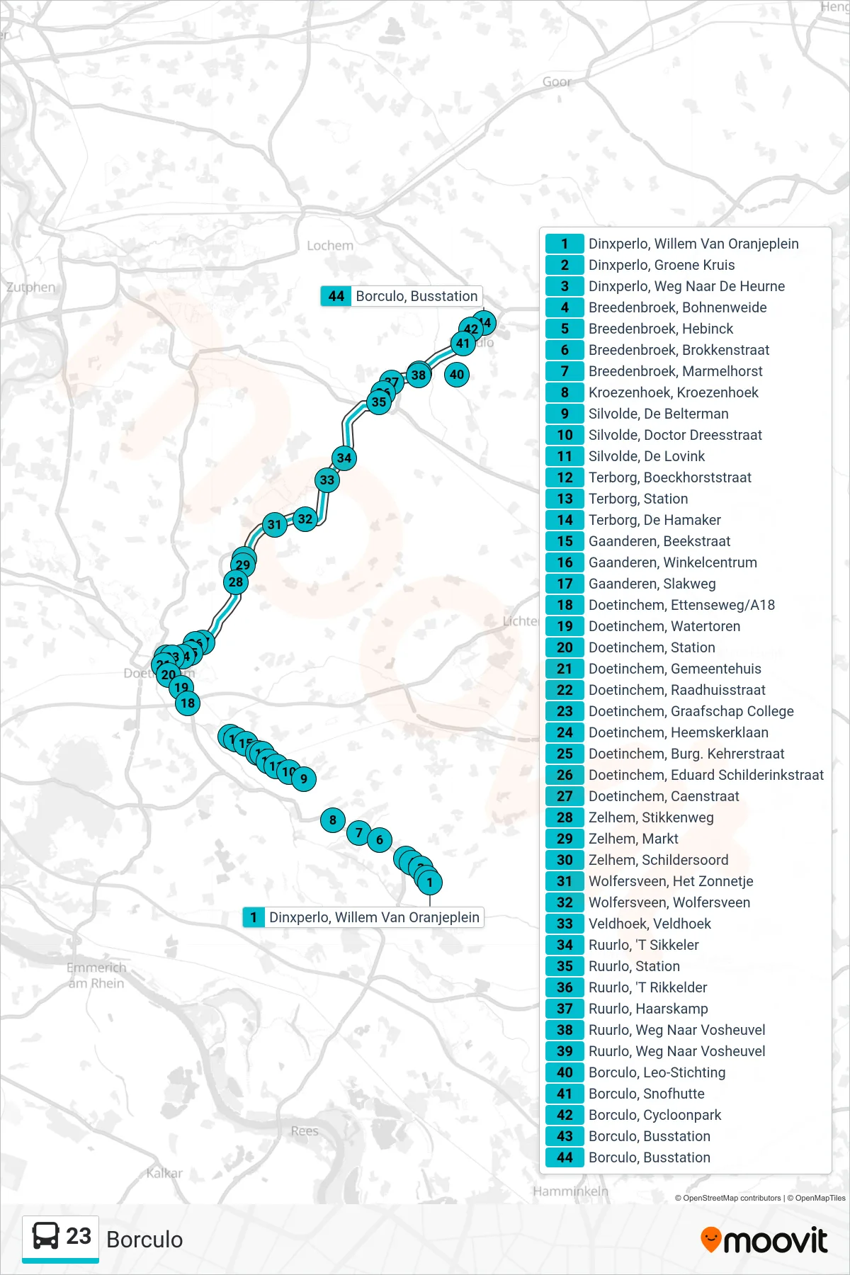 23 bus Line (Borculo) route and stops on a map