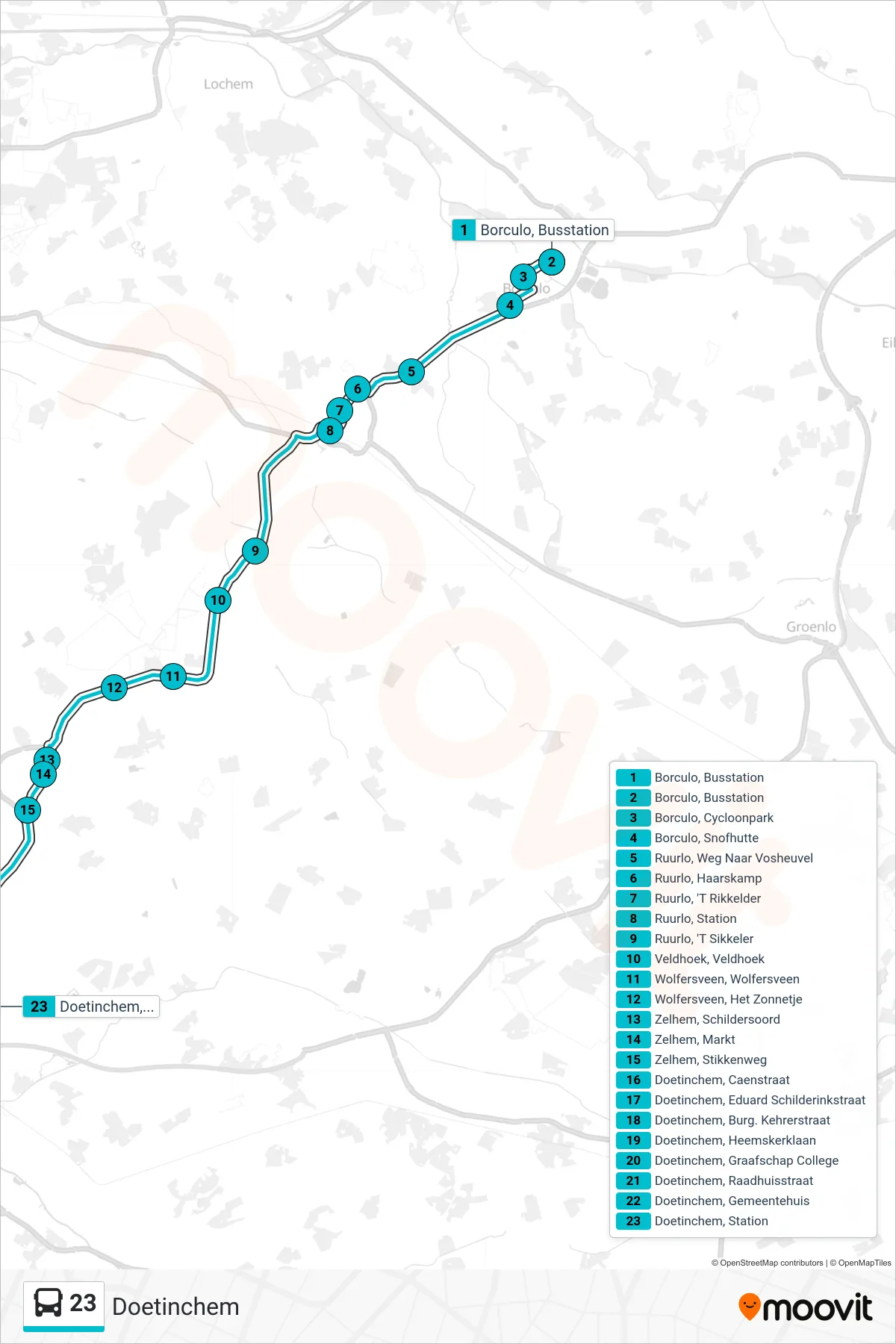 23 bus Line (Doetinchem) route and stops on a map