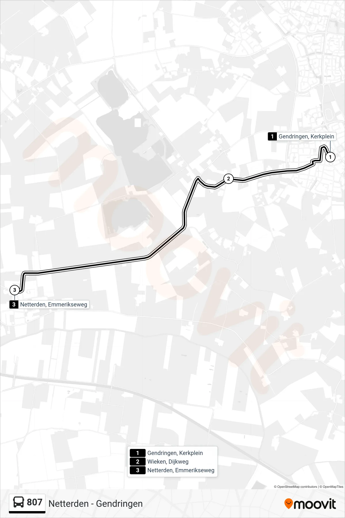 807 bus Line (Netterden) route and stops on a map