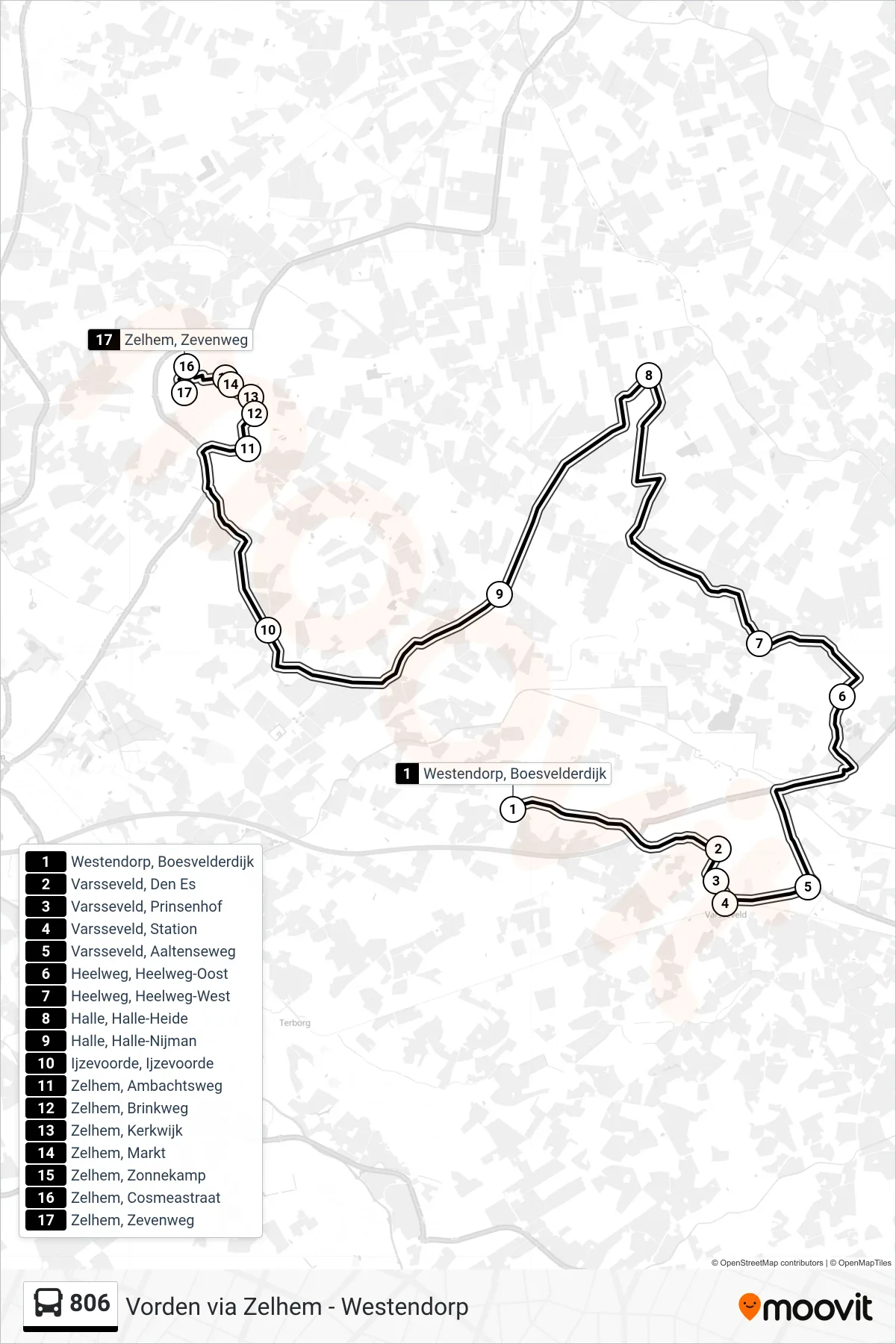 806 bus Line (Zelhem) route and stops on a map