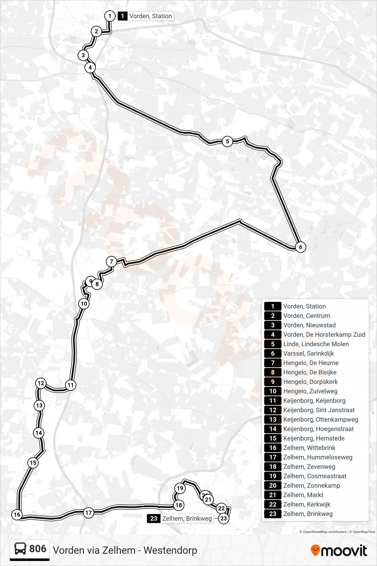 806 bus Line (Zelhem) route and stops on a map