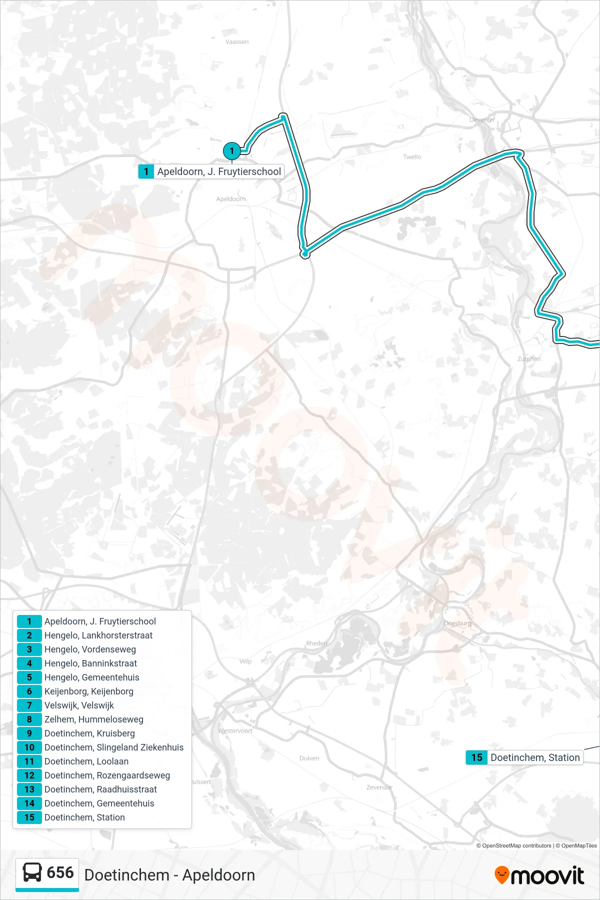 656 bus Line (Doetinchem) route and stops on a map