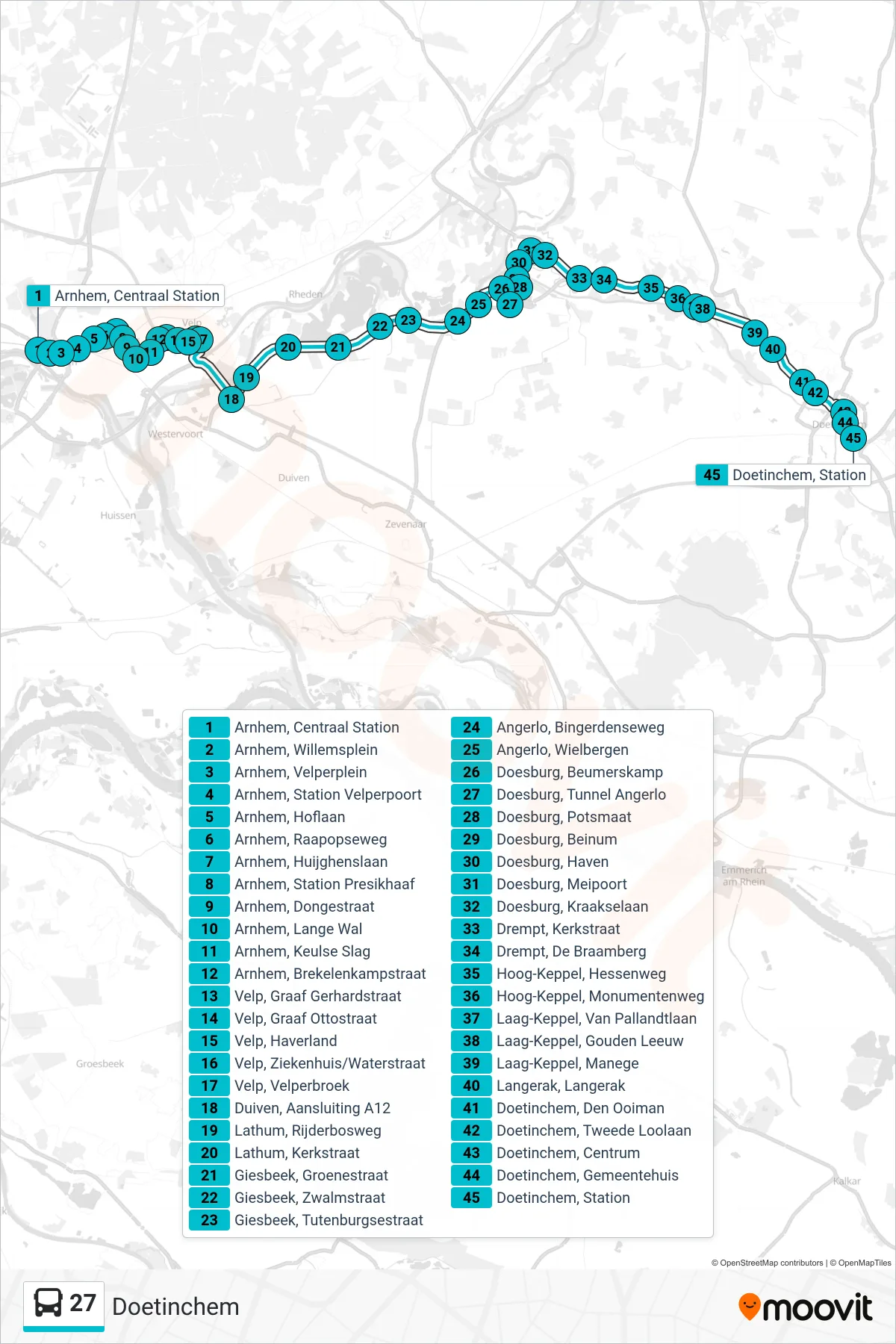 27 bus Line (Doetinchem) route and stops on a map