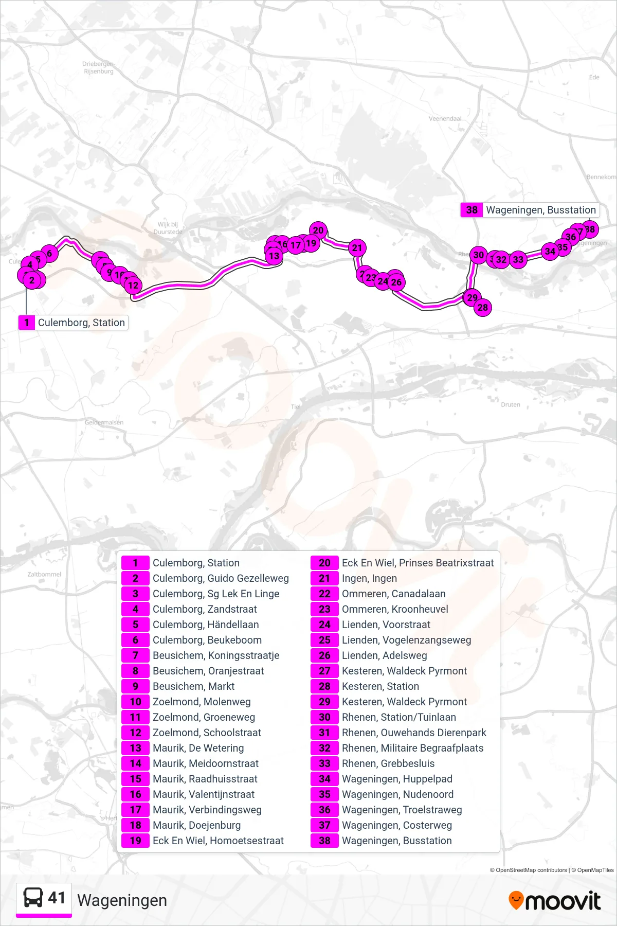 41 bus Line (Wageningen) route and stops on a map