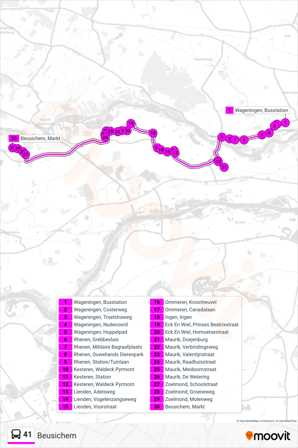 41 bus Line (Beusichem) route and stops on a map