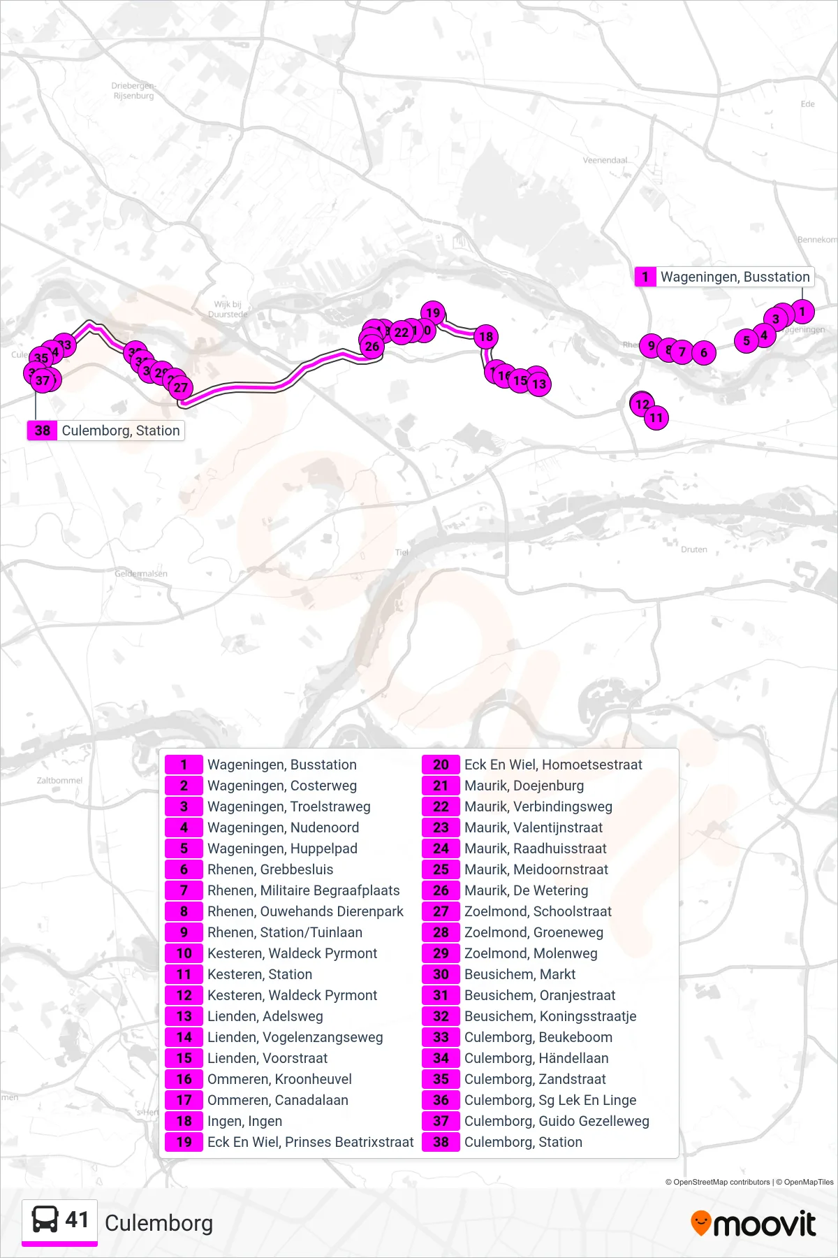 41 bus Line (Culemborg) route and stops on a map