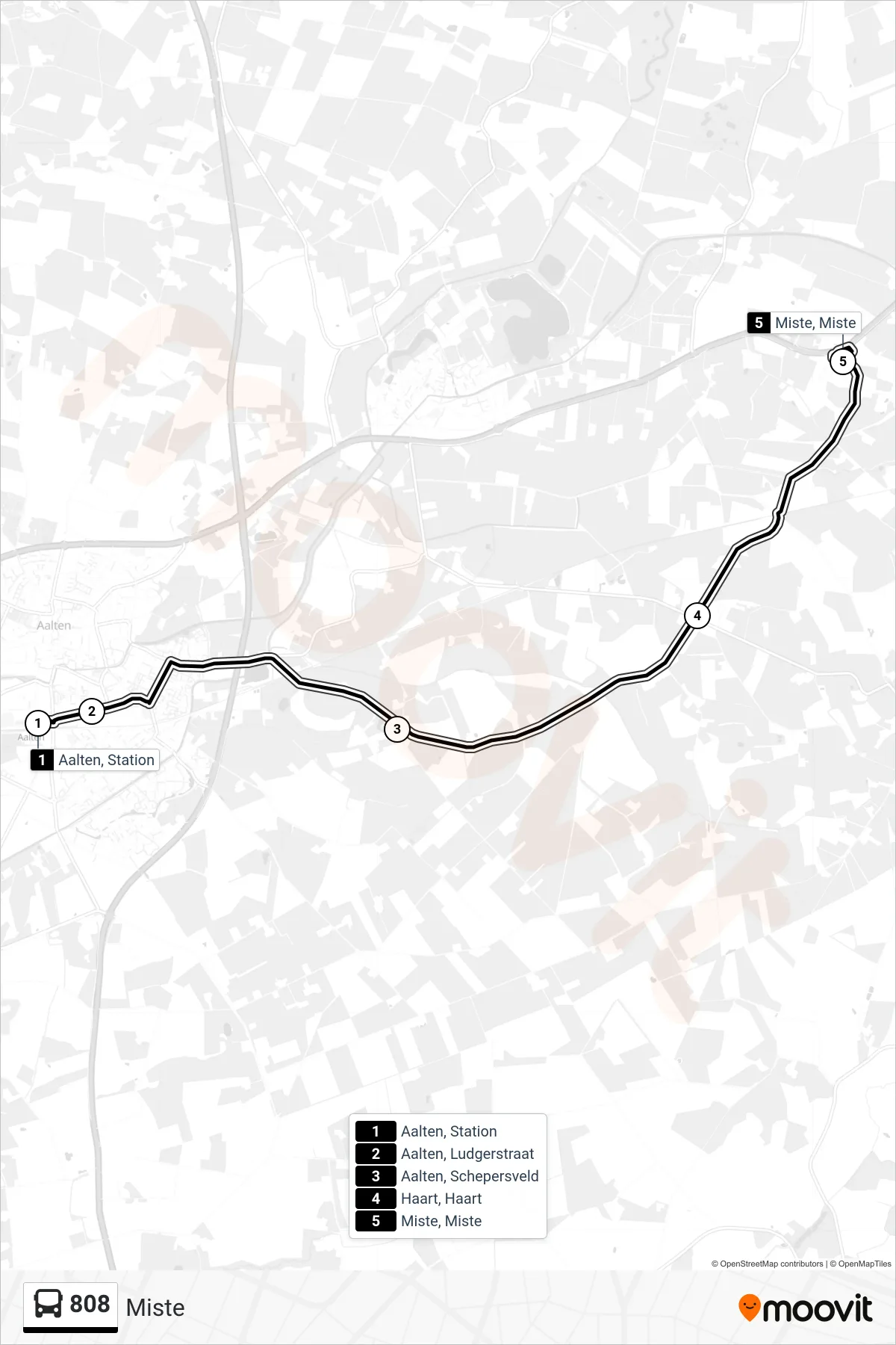 808 bus Line (Miste) route and stops on a map