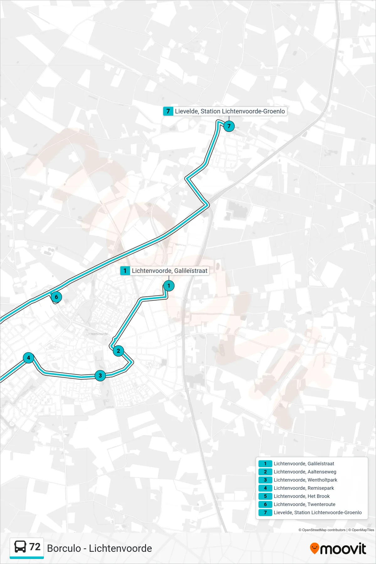 72 bus Line (Lievelde) route and stops on a map
