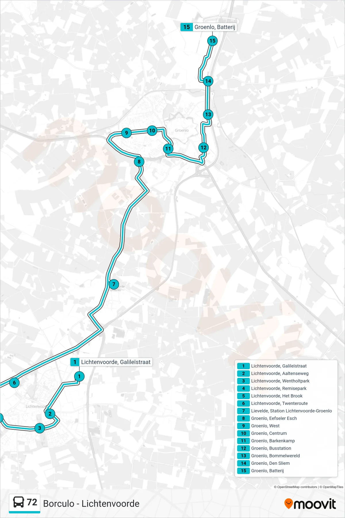 72 bus Line (Groenlo) route and stops on a map