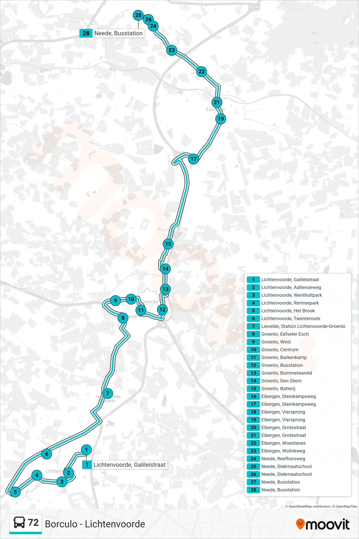 72 bus Line (Neede) route and stops on a map