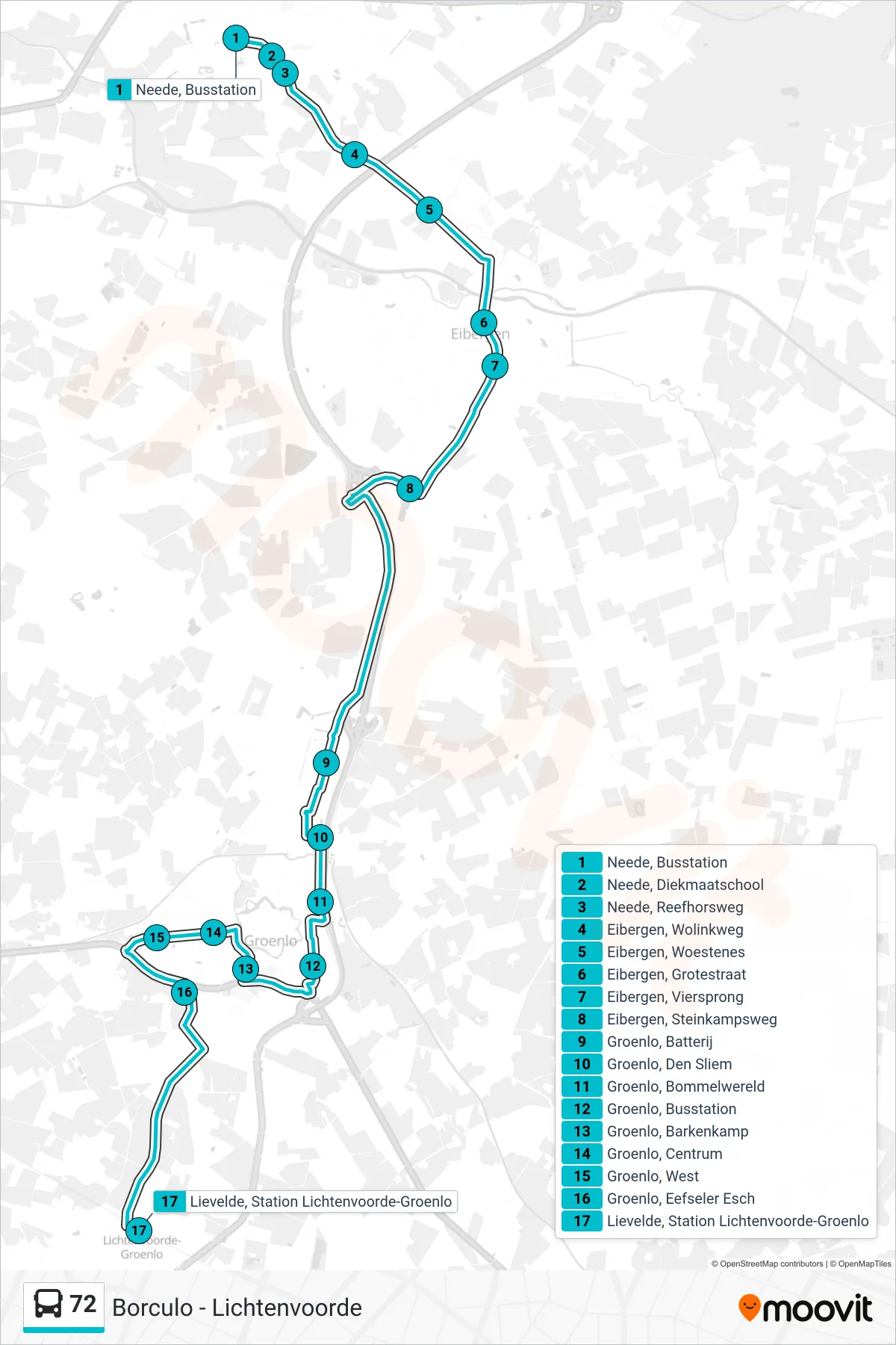 72 bus Line (Lievelde) route and stops on a map