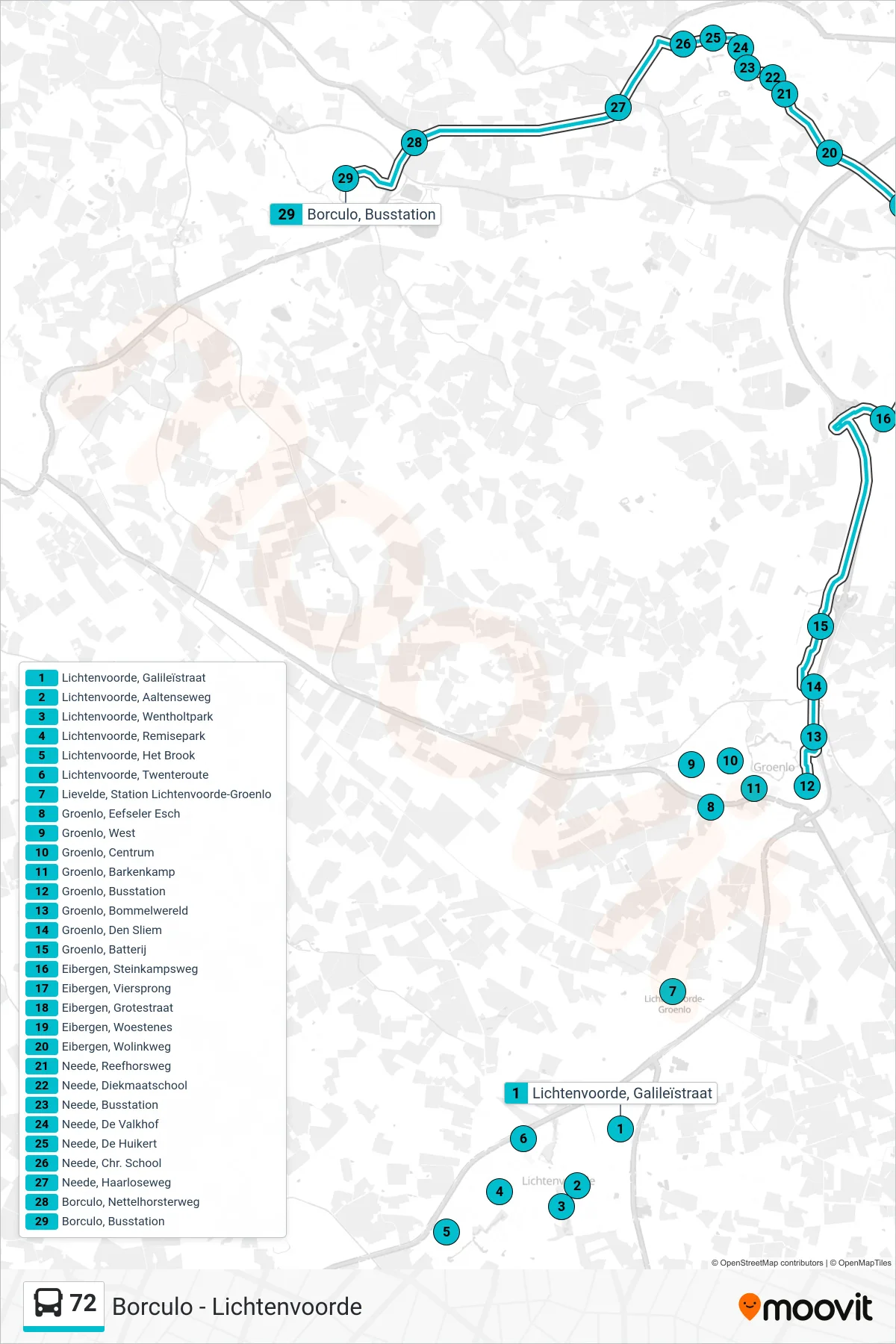 72 bus Line (Borculo) route and stops on a map