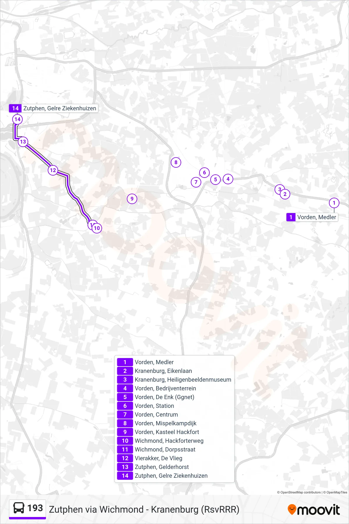 193 bus Line (Zutphen) route and stops on a map