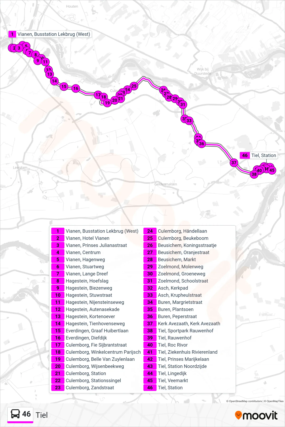 46 bus Line (Tiel) route and stops on a map